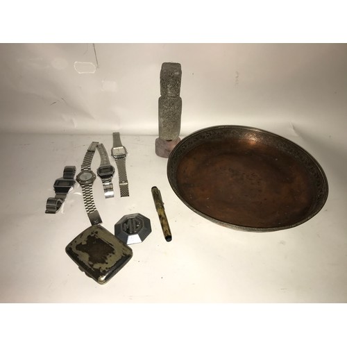 170 - Interesting Easter Island Figure Along With A Copper Tray , Watches Etc.(Box)