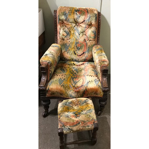 44 - Upholstered And Carved Wood Seat On Casters With Foot Stool