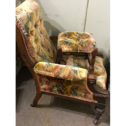 44 - Upholstered And Carved Wood Seat On Casters With Foot Stool