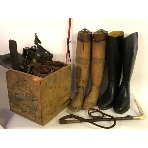 197 - Various Horse And Riding Related Items To Include Vintage Boot Tree's Leather Ware Etc All In A Wood... 