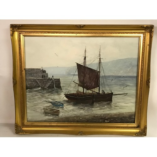 75 - Framed Painting On Board Of A Boat Scene Possibly Cornish Signed Bottom Right. H.W.SLABTOTT ? 57 x 4... 