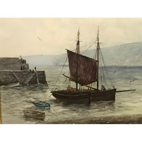 75 - Framed Painting On Board Of A Boat Scene Possibly Cornish Signed Bottom Right. H.W.SLABTOTT ? 57 x 4... 