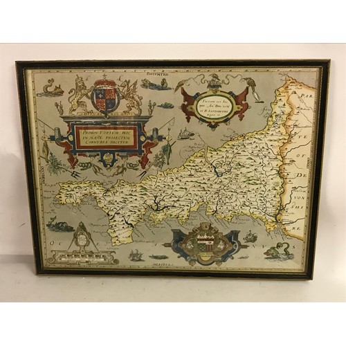 98 - Vintage Framed And Glazed   Print Map Of Cornwall. 40 x 52 cms