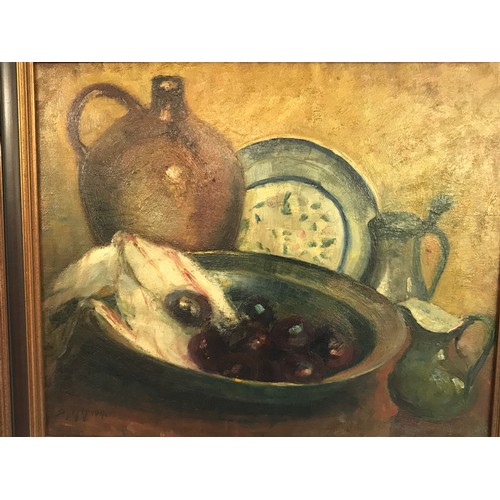 623 - Framed Oil On Canvas European Still Life. Signed Bottom Left 64 x73 cms