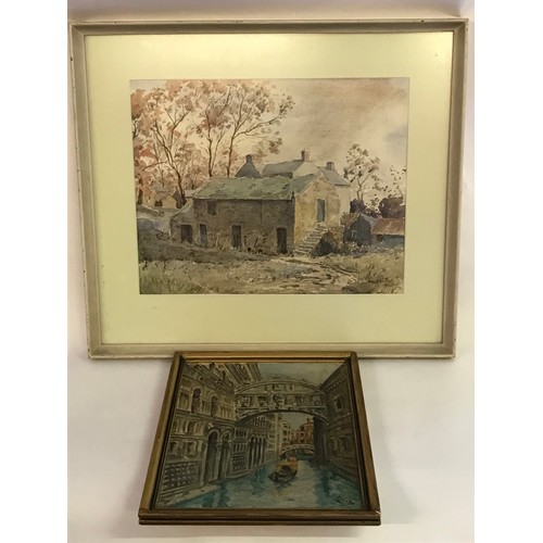 625 - Oil On Canvas Venetian 42 x 33 cms  Scene Along With A Framed And Glazed Watercolour Of Farm Buildin... 