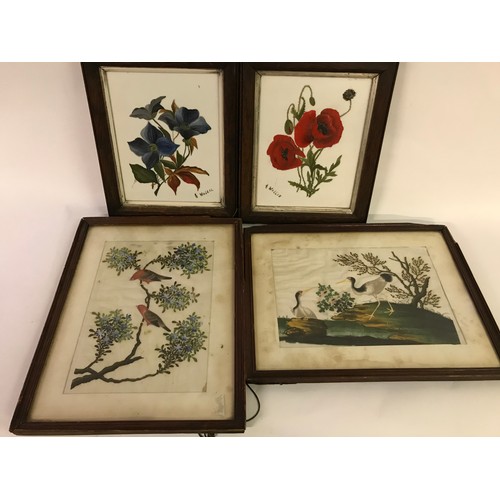 629 - Two Framed Painted Ceramic Plaques Of Flowers Along With Two Framed Oriental Silks Of Birds (4)