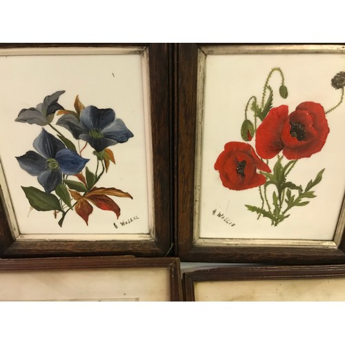 629 - Two Framed Painted Ceramic Plaques Of Flowers Along With Two Framed Oriental Silks Of Birds (4)