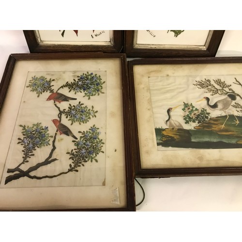 629 - Two Framed Painted Ceramic Plaques Of Flowers Along With Two Framed Oriental Silks Of Birds (4)