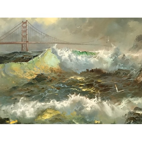 631 - Large Oil On Canvas Of Sanfrancisco Bay And The Golden Gate Bridge Signed Bottom Right 106 x 81 cms