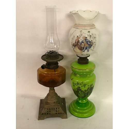 636 - 2 X Vintage Oil Burning Lamps . One Shade A/F (2)