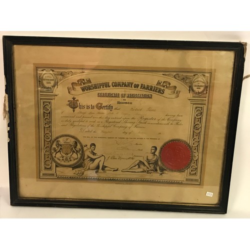 633 - Worshipful Company Of Farriers Framed And Glazed Master Shoe smith Indenture With Seal 1920. 62X 47 ... 