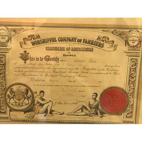 633 - Worshipful Company Of Farriers Framed And Glazed Master Shoe smith Indenture With Seal 1920. 62X 47 ... 