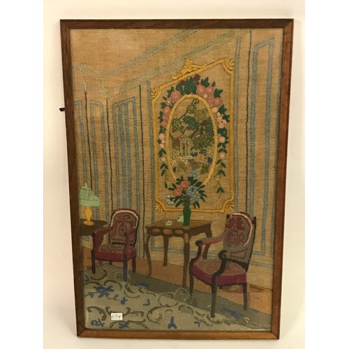 634 - Framed And Glazed Embroidery  Of A Victorian Living Room. 50 x 33 cms