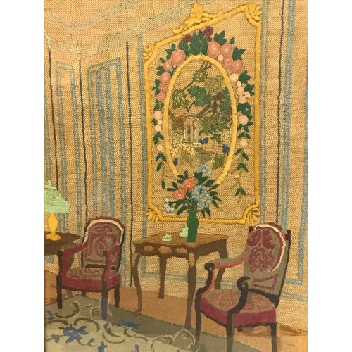 634 - Framed And Glazed Embroidery  Of A Victorian Living Room. 50 x 33 cms