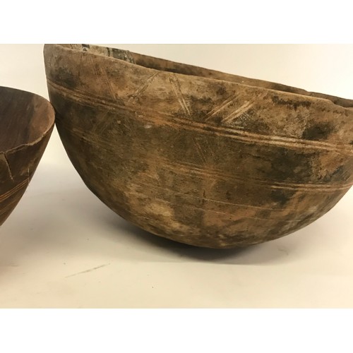 683 - 2 X Tribal Art Wood Bowls, Largest 31 cms Diameter