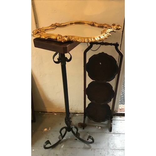 21a - A Vintage Folding  Cake Stand Along With A Gilt Frame Mirror And A Iron Plant Stand (3)