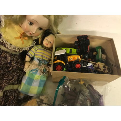 687 - Various Ceramic Dolls Along With Toy Vehicles Animals Etc (box)