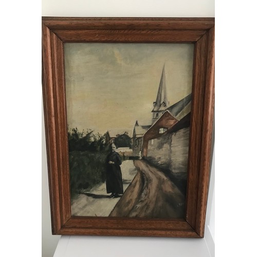 130 - Vintage Framed Continental Oil On Board Of Woman In Village Scene 42 x 59 cms