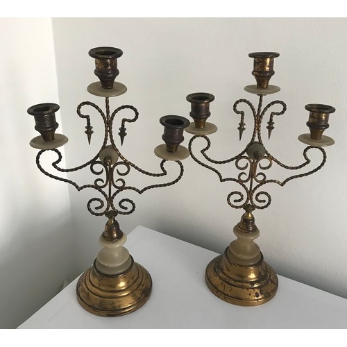 114 - Pair Of Antique Brass And Alabaster Candlesticks 33 cms high x 18 wide