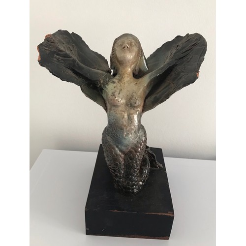 122 - Vintage Studio Pottery Model Of Winged Mermaid On Wooden Base af
26 cms high x 23 cms wide