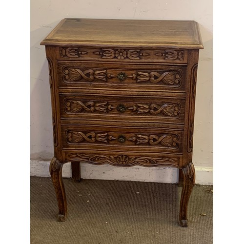 3 - French Carved Wood Decorated  Three Drawer Chest 61 x 39 x 84 cms