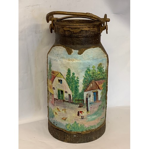 203 - Barge Ware Style Milk Churn With Hand Painted Cottage Scene.