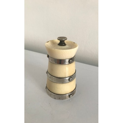 114 - Victorian Ivory Pepper Grinder Or Pounce Pot Having 3 Hallmarked Silver Rings , Birmingham 1899.
8.5... 