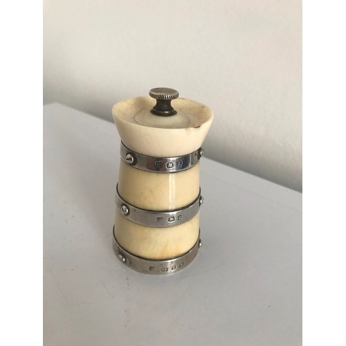 114 - Victorian Ivory Pepper Grinder Or Pounce Pot Having 3 Hallmarked Silver Rings , Birmingham 1899.
8.5... 