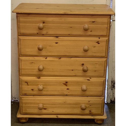 28 - Solid Pine Chest Of Five Drawers. 81 x 42 x 104 cms