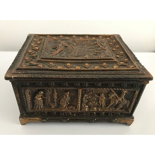 130 - Gothic Revival Style Bronze Casket Having Medieval Scenes On All Panels
13 cms w x 7 cms high x 11 c... 