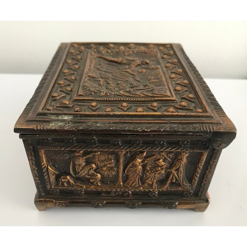 130 - Gothic Revival Style Bronze Casket Having Medieval Scenes On All Panels
13 cms w x 7 cms high x 11 c... 