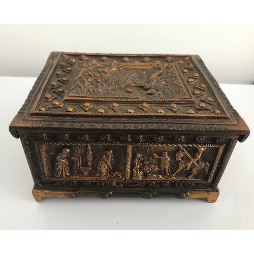 130 - Gothic Revival Style Bronze Casket Having Medieval Scenes On All Panels
13 cms w x 7 cms high x 11 c... 