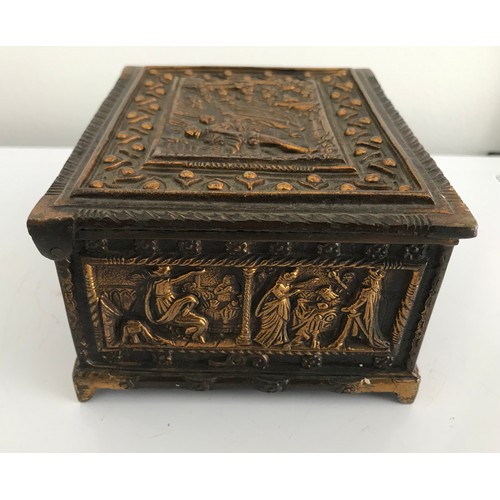 130 - Gothic Revival Style Bronze Casket Having Medieval Scenes On All Panels
13 cms w x 7 cms high x 11 c... 