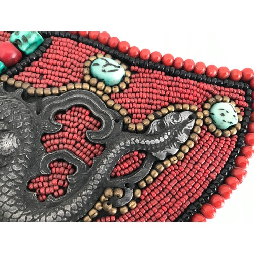 147 - Rare Tibetan Bead Work Wall Hanging Plaque Having White Metal Dragon Decoration.
32 x 22 cms