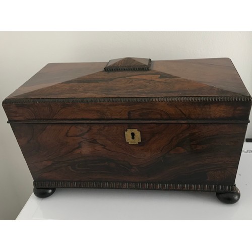 145 - Large Rosewood Regency Tea Caddy Of Sarcophagus Form Having Domed Top Feature , Bun Feet , Beaded Ed... 