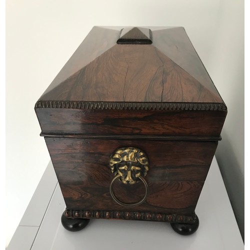 145 - Large Rosewood Regency Tea Caddy Of Sarcophagus Form Having Domed Top Feature , Bun Feet , Beaded Ed... 