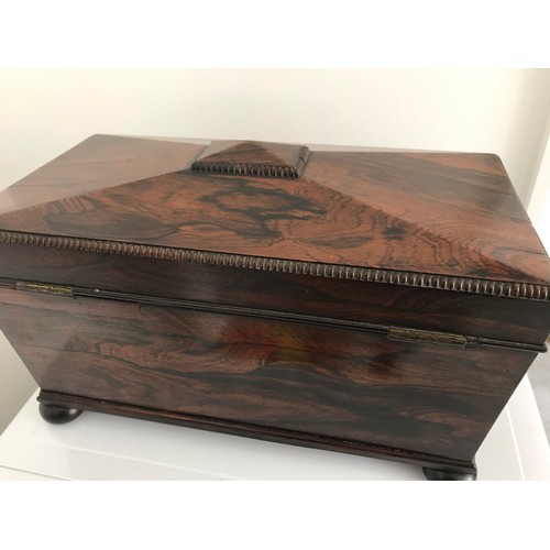 145 - Large Rosewood Regency Tea Caddy Of Sarcophagus Form Having Domed Top Feature , Bun Feet , Beaded Ed... 