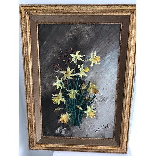 151 - Large Vintage Still Life Oil On Canvas Of Daffodils Signed And Framed.