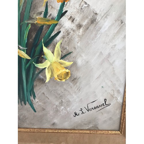 151 - Large Vintage Still Life Oil On Canvas Of Daffodils Signed And Framed.