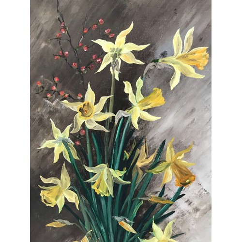 151 - Large Vintage Still Life Oil On Canvas Of Daffodils Signed And Framed.