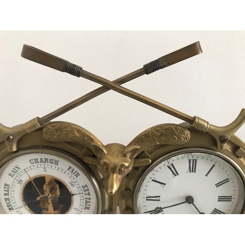 140 - Vintage Fox Hunting Themed Clock And Barometer Set With Fox Head , Horse Shoes And Riding Crop Decor... 