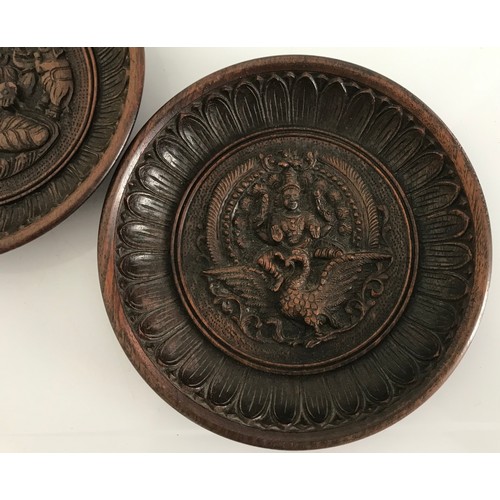 144 - Pair Of Southern Indian Intricately Carved Wooden Plates Having Images Of God Of War And Ganesh. On ... 