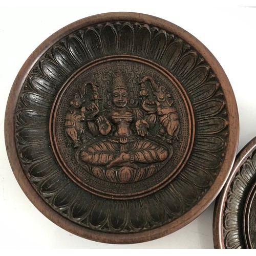 144 - Pair Of Southern Indian Intricately Carved Wooden Plates Having Images Of God Of War And Ganesh. On ... 