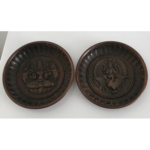 144 - Pair Of Southern Indian Intricately Carved Wooden Plates Having Images Of God Of War And Ganesh. On ... 