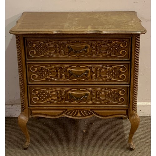42 - French Vintage Chest Of Three Drawers With Carved Decoration , 40 x 42 x 72 cms