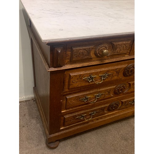 52 - Antique French Two Over Three Marble Top Chest Of Drawers With Carved Wood Decoration . 100 x 50 x 8... 