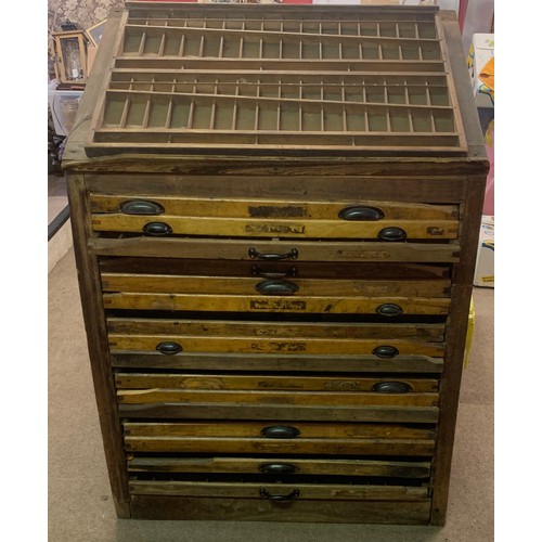 53 - Antique Industrial Printers Cabinet Letterpress Type With 17 Drawers.