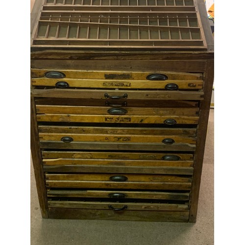 53 - Antique Industrial Printers Cabinet Letterpress Type With 17 Drawers.