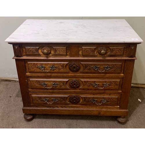 52 - Antique French Two Over Three Marble Top Chest Of Drawers With Carved Wood Decoration . 100 x 50 x 8... 