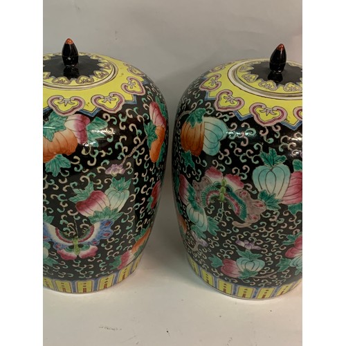 285 - Pair Of Hand Painted Chinese Ceramic Lidded Jars. 32 cms High